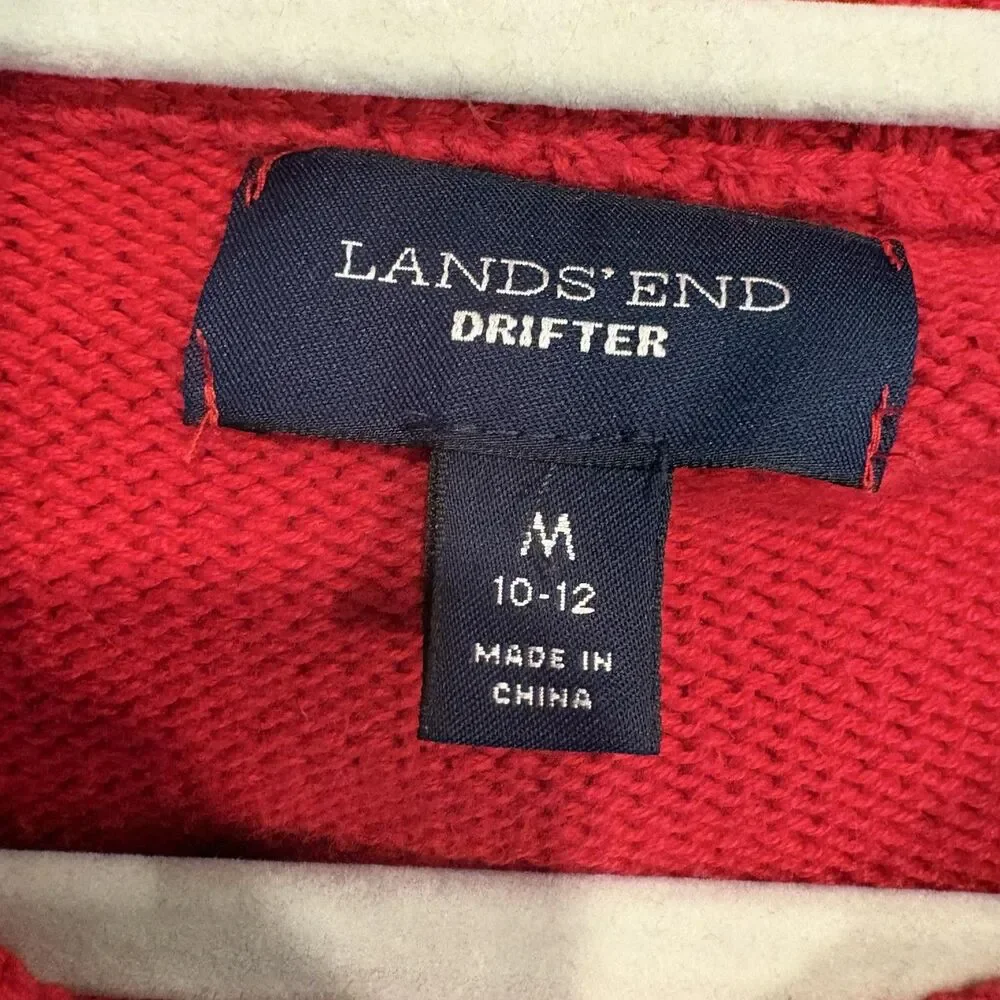 Lands' End Sweater Womens Medium Red Cable Knit Crew Neck Cotton Pullover Raglan